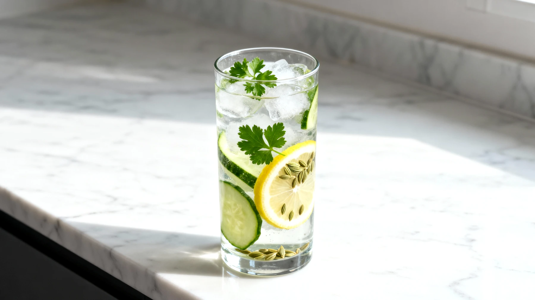 Gurkenwasser mit Petersilie, Zitrone und Fenchelsamen (kalt aufgegossen)"