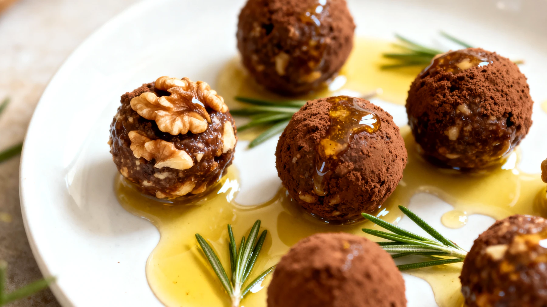 Walnuss-Kakao-Energiekugeln mit Rosmarinöl"